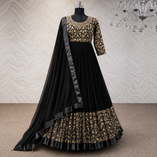 Black Embroidered 3-Piece Party Wear Maxi with Chiffon Dupatta