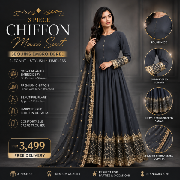 3 Piece Women’s Stitched Chiffon Maxi Suit with Sequins Embroidery – Grey